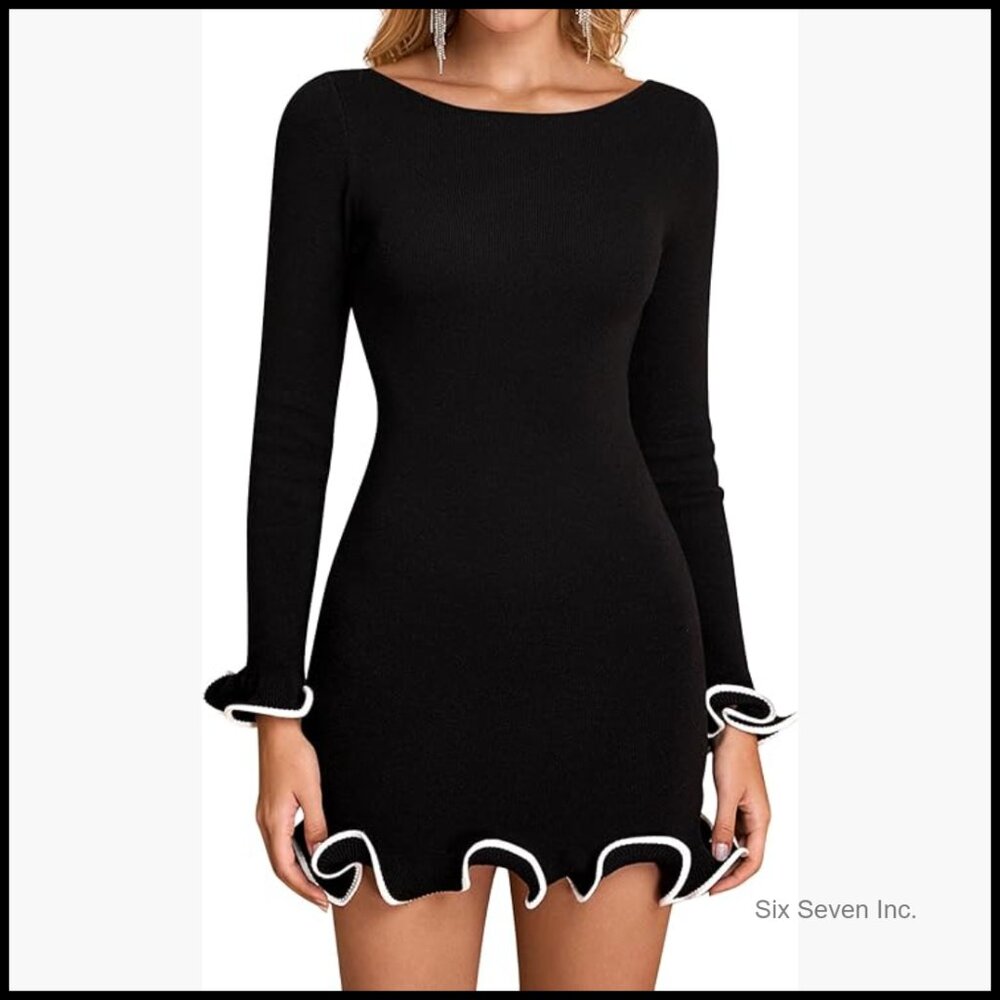 Long Sleeve Ruffle Knit Bodycon Mini Dress Boat Neck Party